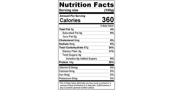 Pasta Nutrition Label 100 grams